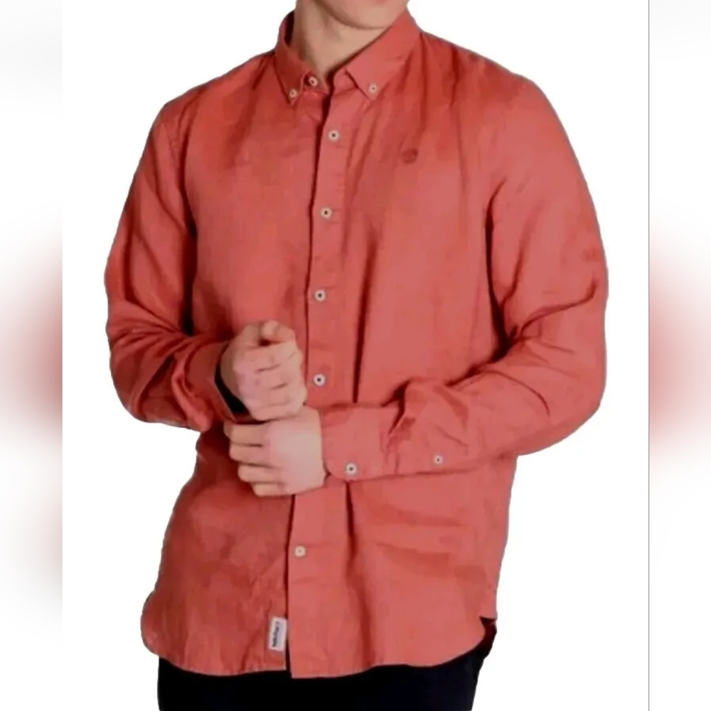 Timberland 100% Linen Camp Shirt Men Large Slim Fit Resort Coastal Preppy Orange